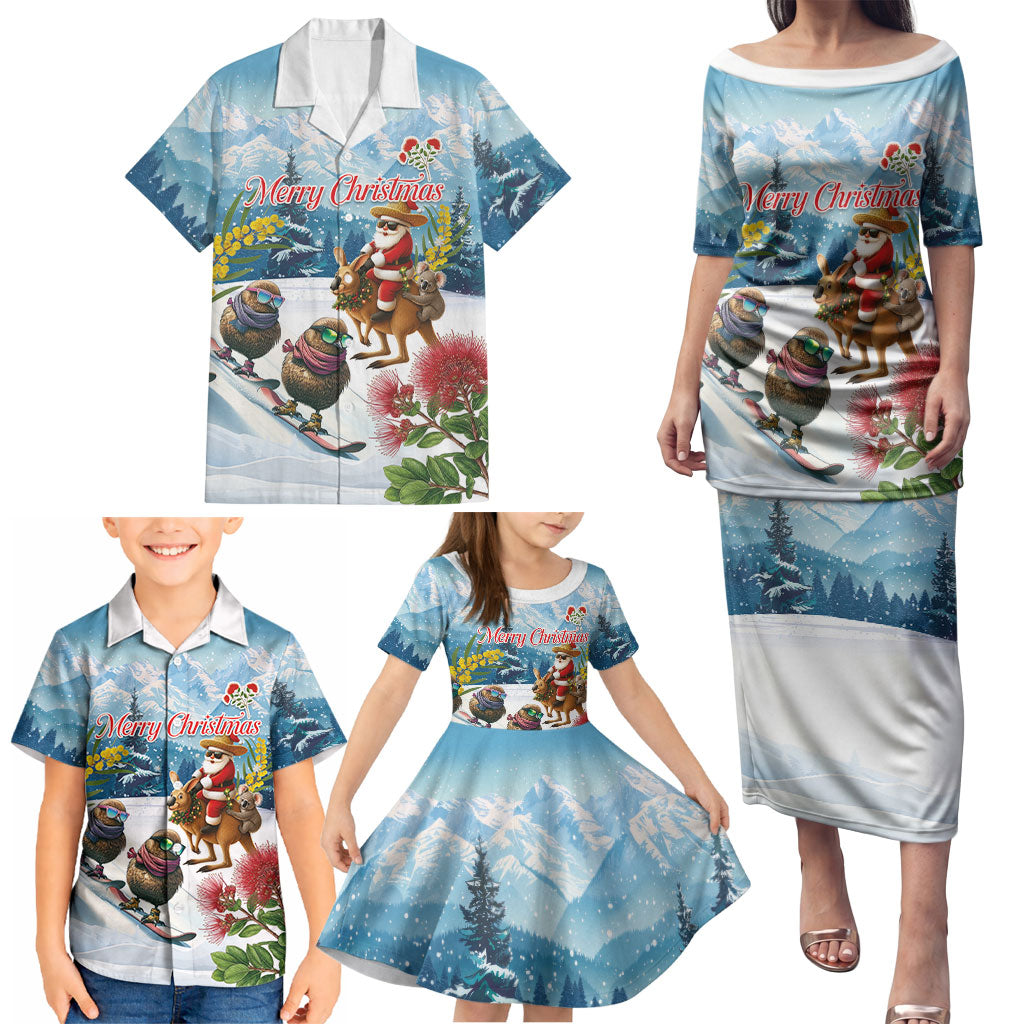 New Zealand and Australia Merry Christmas Family Matching Puletasi and Hawaiian Shirt Kiwi Birds Skiing and Koala Santa Riding Kangaroo LT03 - Polynesian Pride