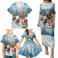 New Zealand and Australia Merry Christmas Family Matching Puletasi and Hawaiian Shirt Kiwi Birds Skiing and Koala Santa Riding Kangaroo LT03 - Polynesian Pride