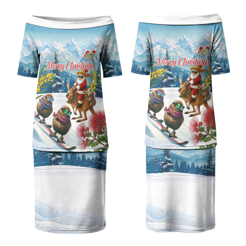 New Zealand and Australia Merry Christmas Family Matching Puletasi and Hawaiian Shirt Kiwi Birds Skiing and Koala Santa Riding Kangaroo LT03 Mom's Dress Multicolor - Polynesian Pride