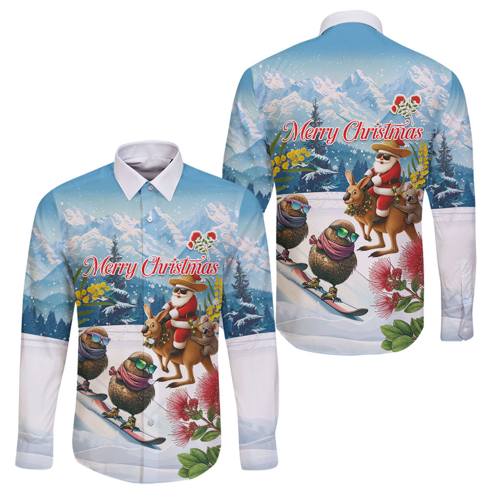 New Zealand and Australia Merry Christmas Family Matching Puletasi and Hawaiian Shirt Kiwi Birds Skiing and Koala Santa Riding Kangaroo LT03 Dad's Shirt - Long Sleeve Multicolor - Polynesian Pride