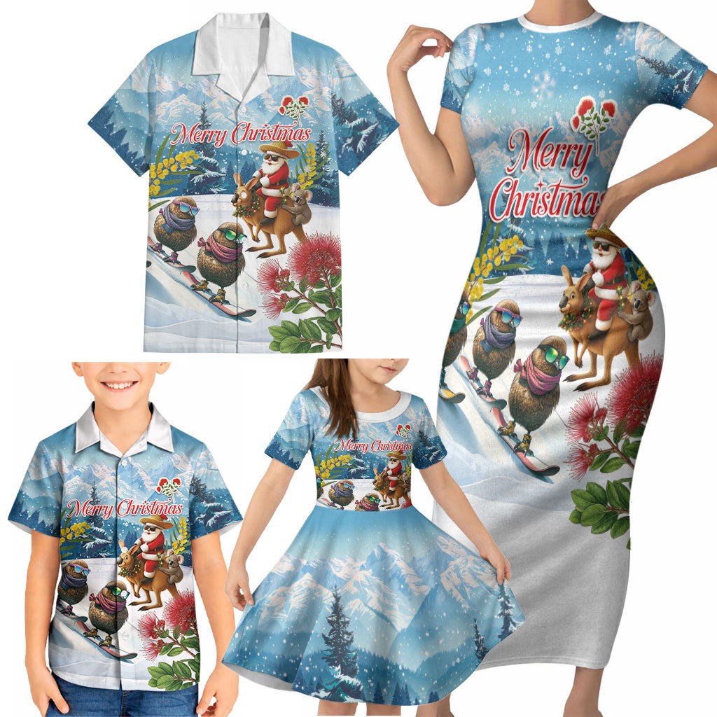 New Zealand and Australia Merry Christmas Family Matching Short Sleeve Bodycon Dress and Hawaiian Shirt Kiwi Birds Skiing and Koala Santa Riding Kangaroo LT03 - Polynesian Pride