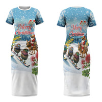 New Zealand and Australia Merry Christmas Family Matching Short Sleeve Bodycon Dress and Hawaiian Shirt Kiwi Birds Skiing and Koala Santa Riding Kangaroo LT03 Mom's Dress Multicolor - Polynesian Pride