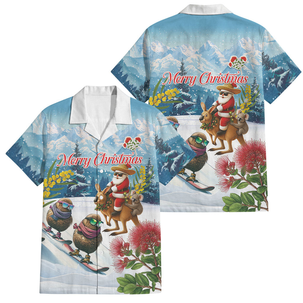 New Zealand and Australia Merry Christmas Family Matching Short Sleeve Bodycon Dress and Hawaiian Shirt Kiwi Birds Skiing and Koala Santa Riding Kangaroo LT03 Dad's Shirt - Short Sleeve Multicolor - Polynesian Pride
