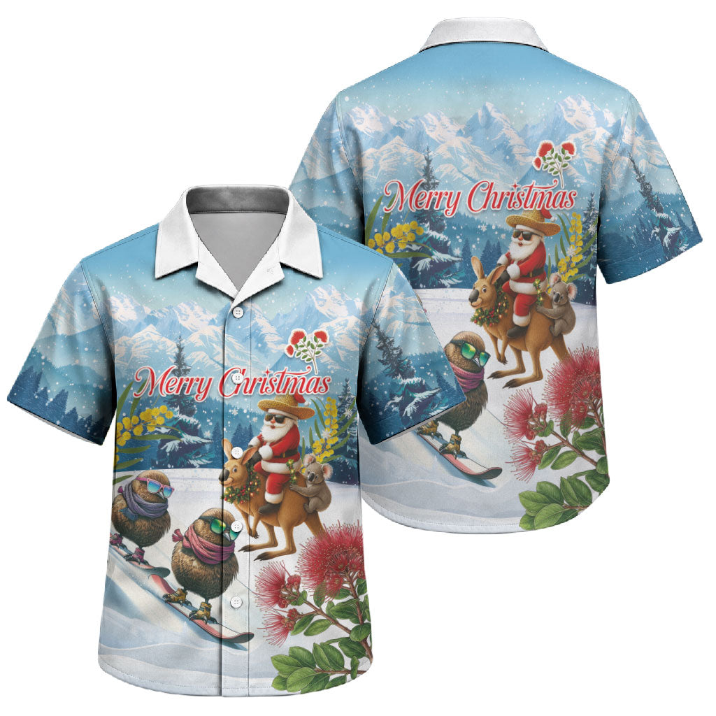 New Zealand and Australia Merry Christmas Family Matching Short Sleeve Bodycon Dress and Hawaiian Shirt Kiwi Birds Skiing and Koala Santa Riding Kangaroo LT03 Son's Shirt Multicolor - Polynesian Pride