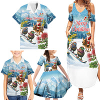 New Zealand and Australia Merry Christmas Family Matching Summer Maxi Dress and Hawaiian Shirt Kiwi Birds Skiing and Koala Santa Riding Kangaroo