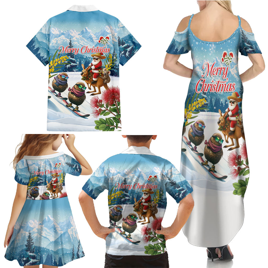 New Zealand and Australia Merry Christmas Family Matching Summer Maxi Dress and Hawaiian Shirt Kiwi Birds Skiing and Koala Santa Riding Kangaroo