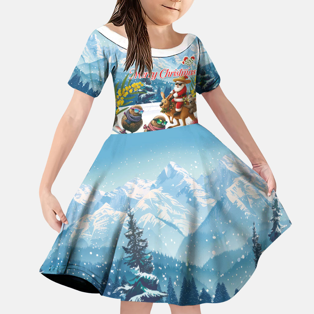 New Zealand and Australia Merry Christmas Family Matching Tank Maxi Dress and Hawaiian Shirt Kiwi Birds Skiing and Koala Santa Riding Kangaroo