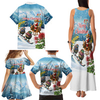 New Zealand and Australia Merry Christmas Family Matching Tank Maxi Dress and Hawaiian Shirt Kiwi Birds Skiing and Koala Santa Riding Kangaroo