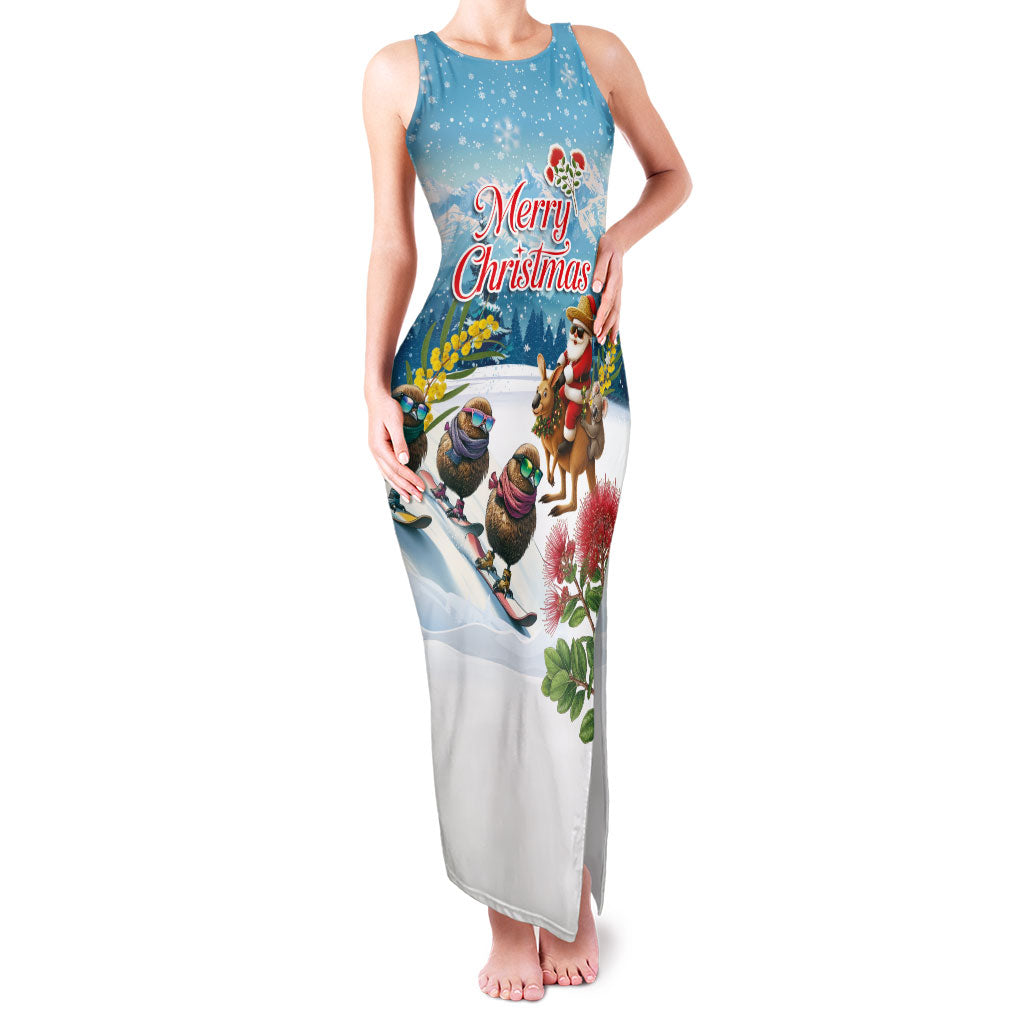 New Zealand and Australia Merry Christmas Family Matching Tank Maxi Dress and Hawaiian Shirt Kiwi Birds Skiing and Koala Santa Riding Kangaroo