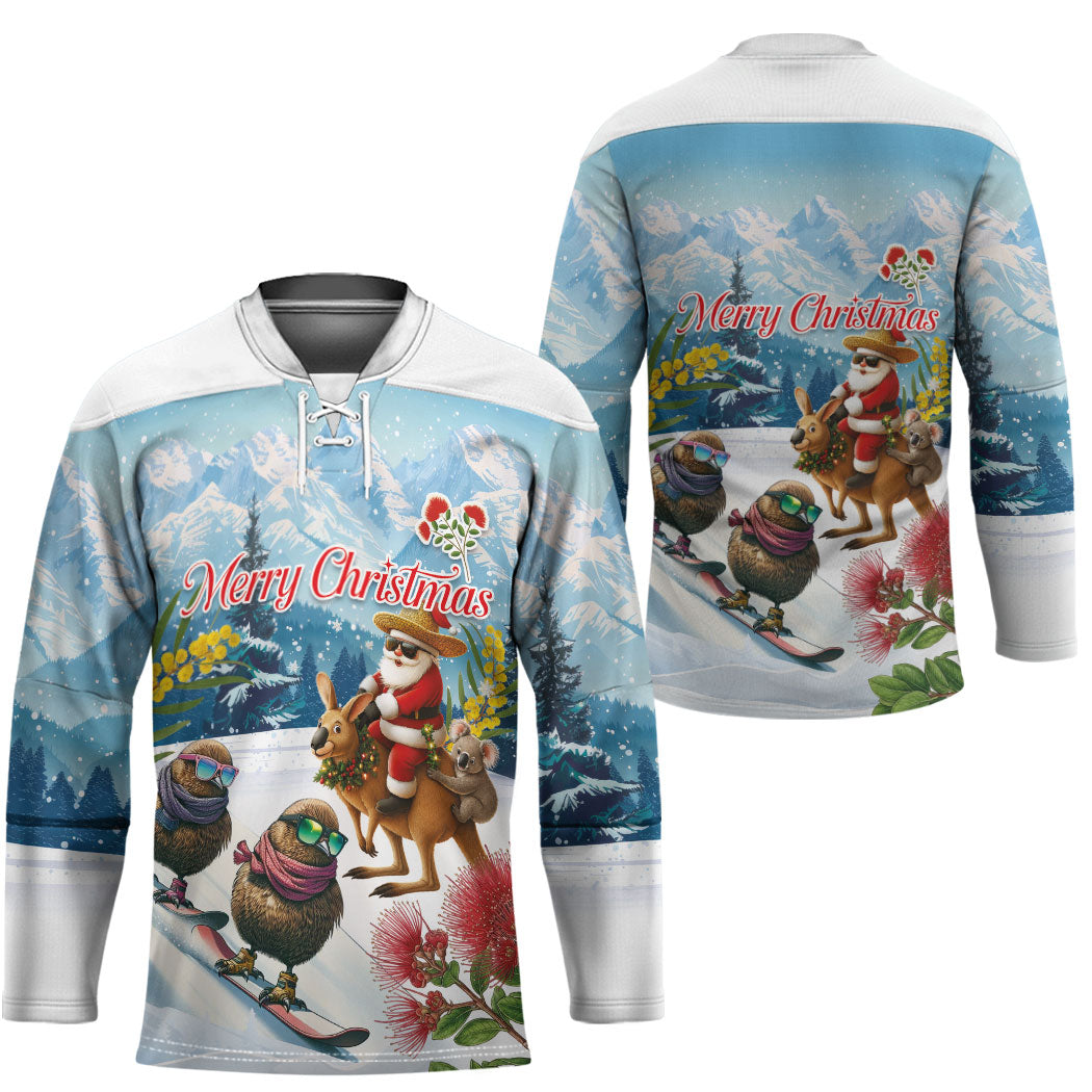 New Zealand and Australia Merry Christmas Hockey Jersey Kiwi Birds Skiing and Koala Santa Riding Kangaroo