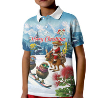 New Zealand and Australia Merry Christmas Kid Polo Shirt Kiwi Birds Skiing and Koala Santa Riding Kangaroo