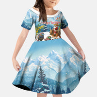 New Zealand and Australia Merry Christmas Kid Short Sleeve Dress Kiwi Birds Skiing and Koala Santa Riding Kangaroo