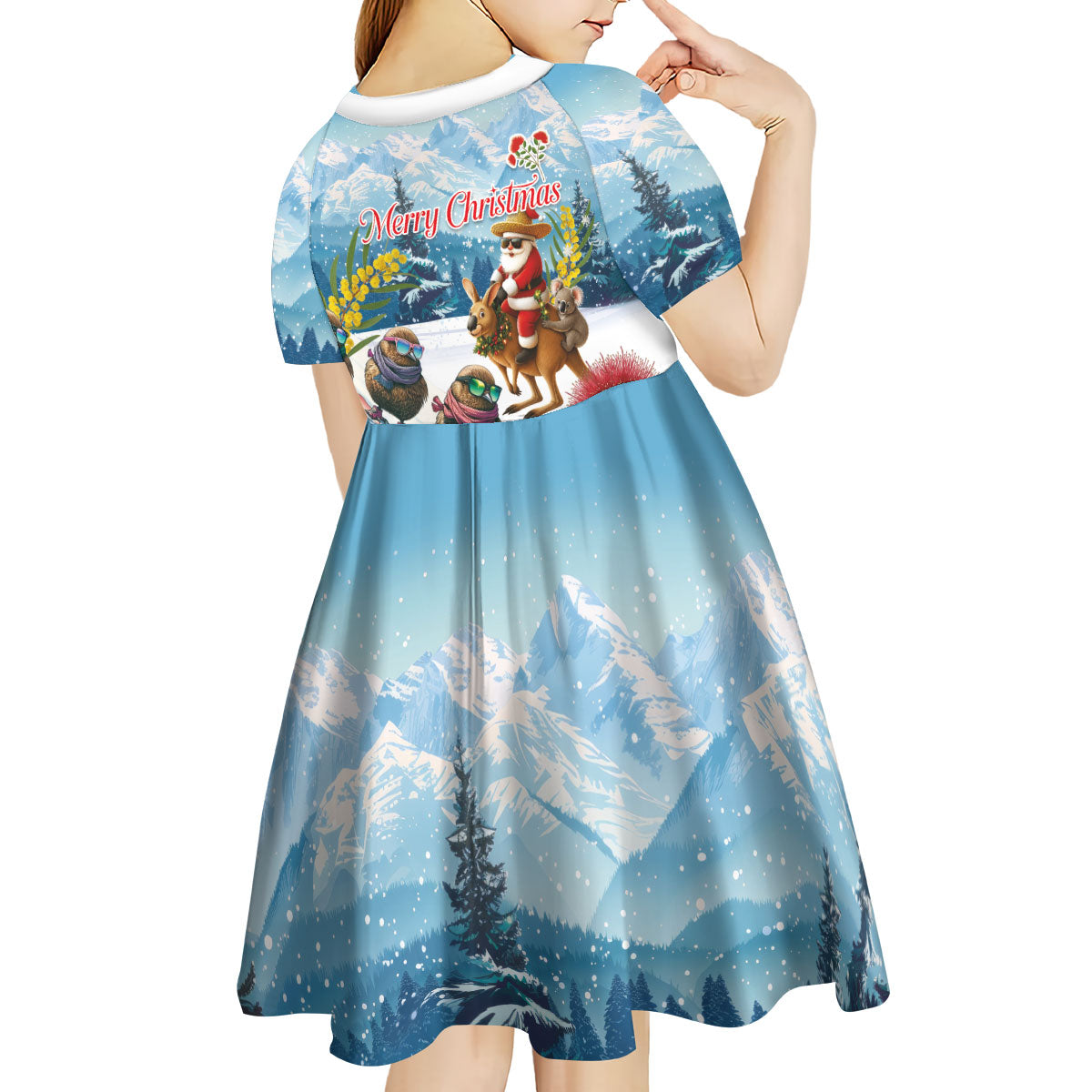 New Zealand and Australia Merry Christmas Kid Short Sleeve Dress Kiwi Birds Skiing and Koala Santa Riding Kangaroo