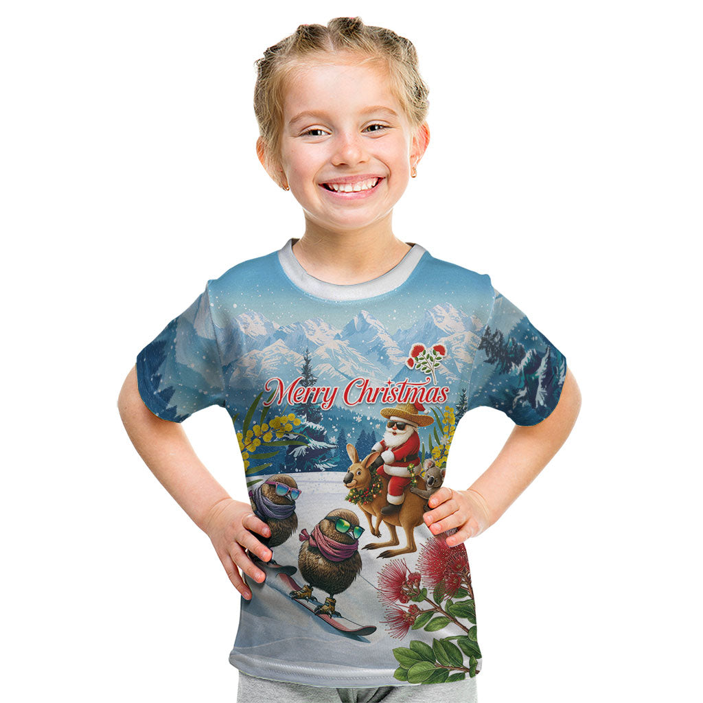 New Zealand and Australia Merry Christmas Kid T Shirt Kiwi Birds Skiing and Koala Santa Riding Kangaroo LT03 Multicolor - Polynesian Pride