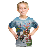 New Zealand and Australia Merry Christmas Kid T Shirt Kiwi Birds Skiing and Koala Santa Riding Kangaroo LT03 Multicolor - Polynesian Pride