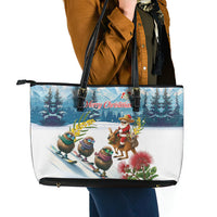 New Zealand and Australia Merry Christmas Leather Tote Bag Kiwi Birds Skiing and Koala Santa Riding Kangaroo