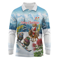 New Zealand and Australia Merry Christmas Long Sleeve Polo Shirt Kiwi Birds Skiing and Koala Santa Riding Kangaroo