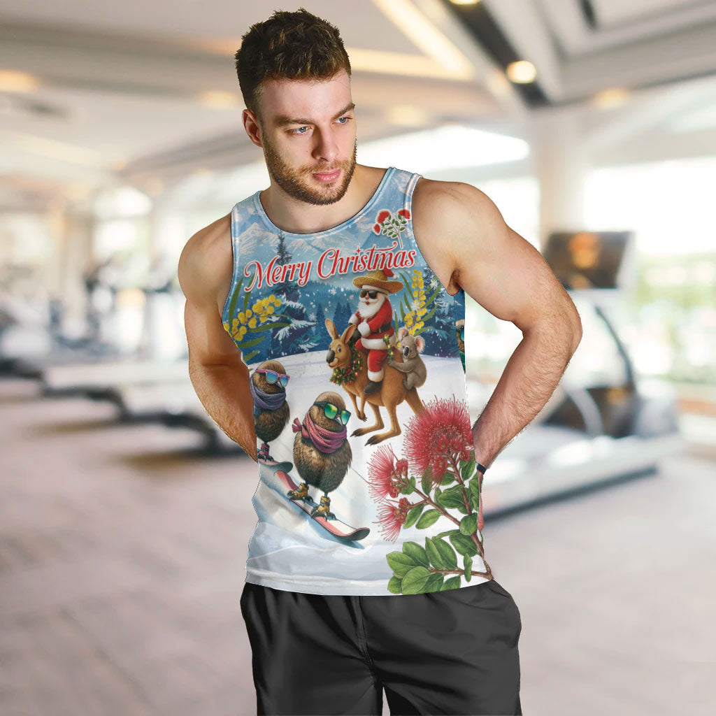 New Zealand and Australia Merry Christmas Men Tank Top Kiwi Birds Skiing and Koala Santa Riding Kangaroo