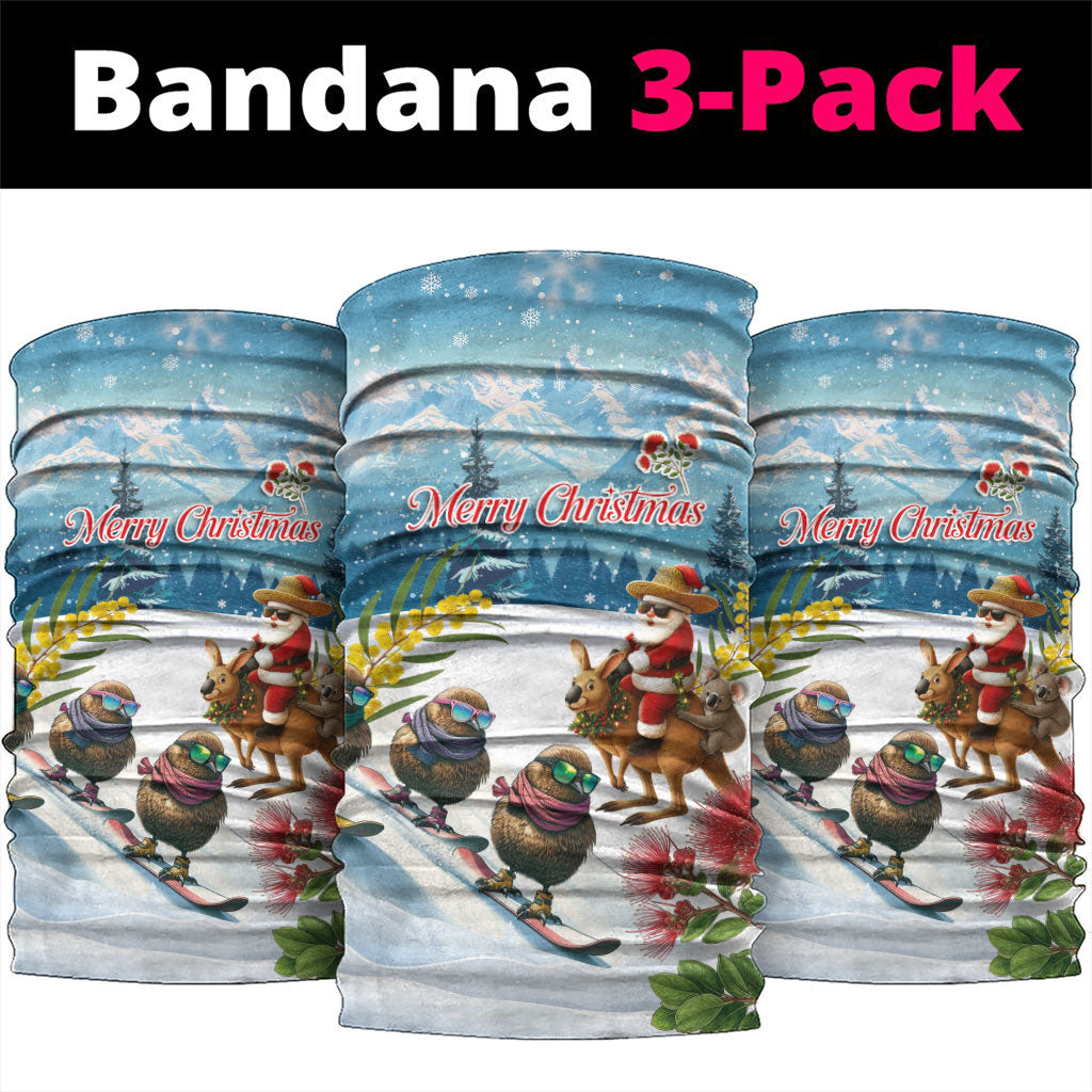 New Zealand and Australia Merry Christmas Neck Gaiter Kiwi Birds Skiing and Koala Santa Riding Kangaroo