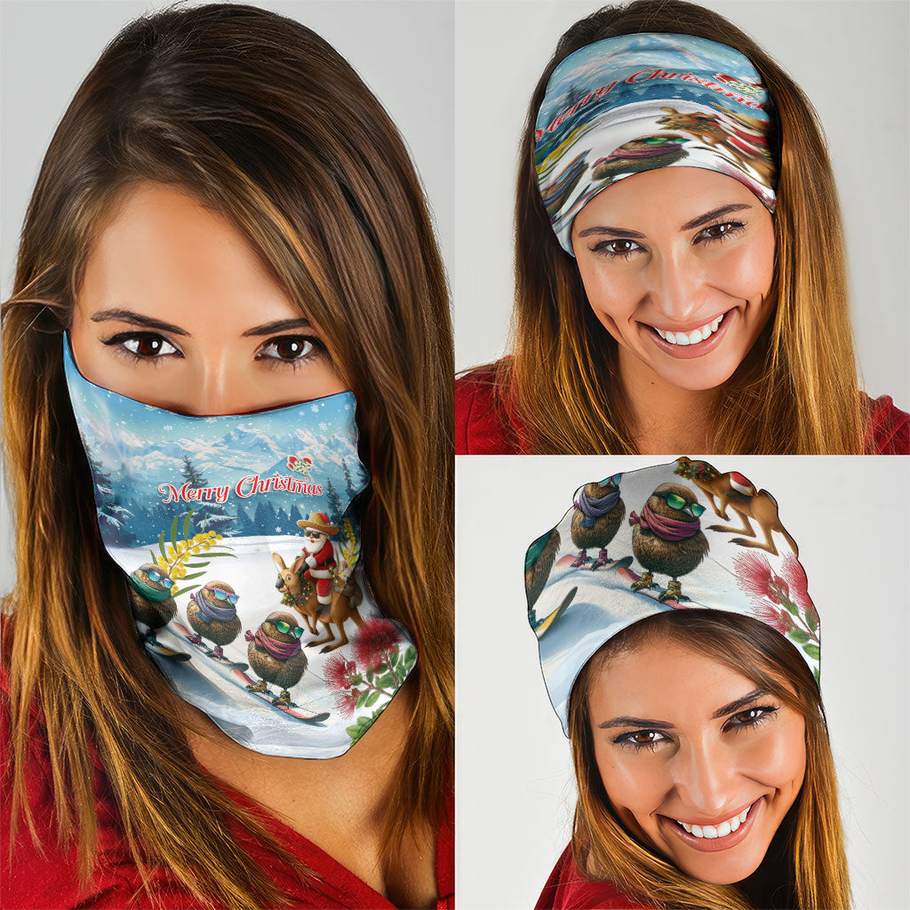 New Zealand and Australia Merry Christmas Neck Gaiter Kiwi Birds Skiing and Koala Santa Riding Kangaroo