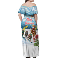 New Zealand and Australia Merry Christmas Off Shoulder Maxi Dress Kiwi Birds Skiing and Koala Santa Riding Kangaroo