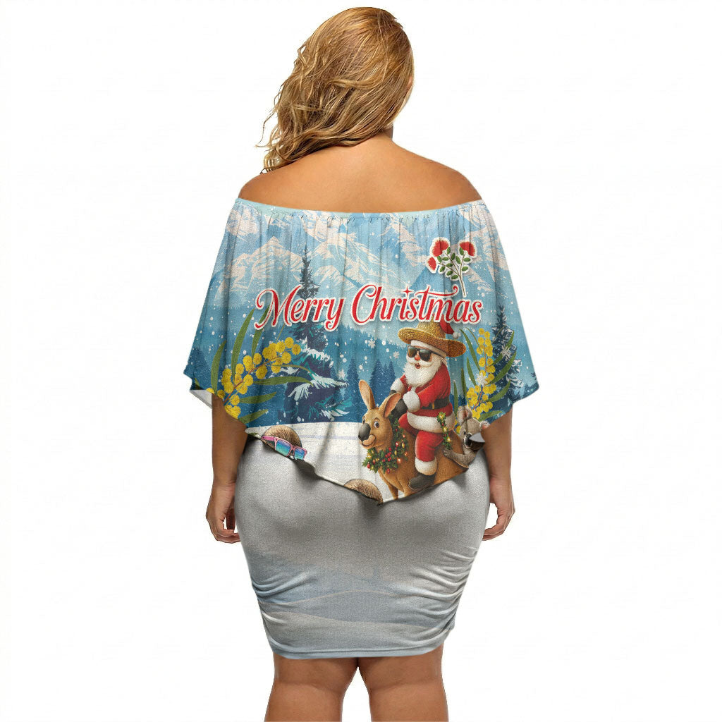 New Zealand and Australia Merry Christmas Off Shoulder Short Dress Kiwi Birds Skiing and Koala Santa Riding Kangaroo LT03 - Polynesian Pride