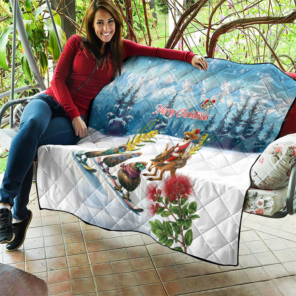 New Zealand and Australia Merry Christmas Quilt Kiwi Birds Skiing and Koala Santa Riding Kangaroo
