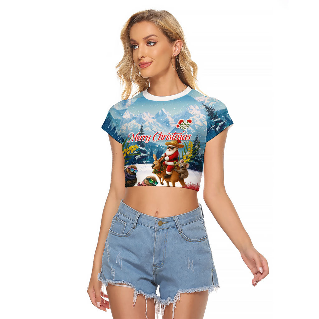 New Zealand and Australia Merry Christmas Raglan Cropped T Shirt Kiwi Birds Skiing and Koala Santa Riding Kangaroo