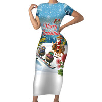 New Zealand and Australia Merry Christmas Short Sleeve Bodycon Dress Kiwi Birds Skiing and Koala Santa Riding Kangaroo