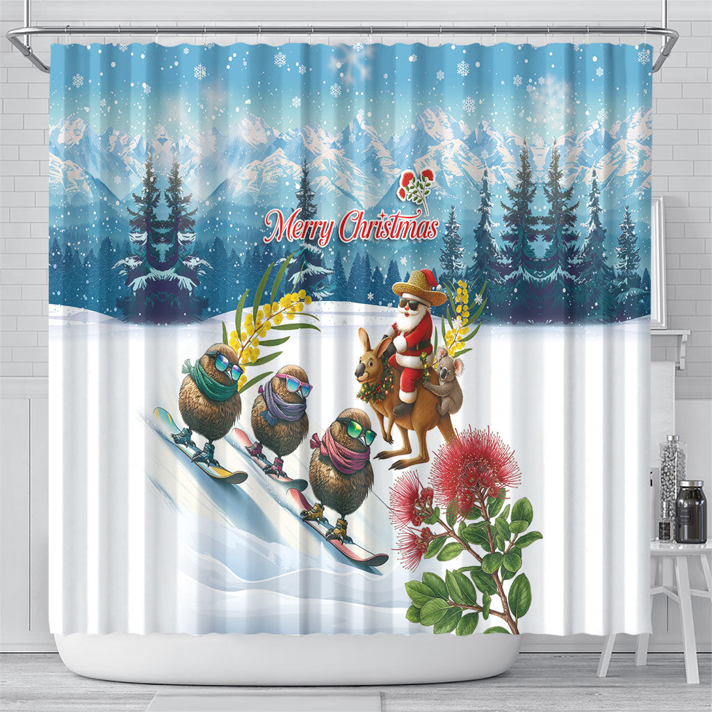 New Zealand and Australia Merry Christmas Shower Curtain Kiwi Birds Skiing and Koala Santa Riding Kangaroo