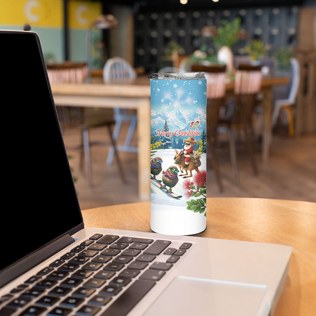 New Zealand and Australia Merry Christmas Skinny Tumbler Kiwi Birds Skiing and Koala Santa Riding Kangaroo