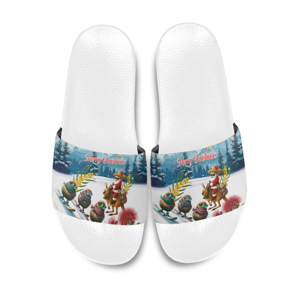 New Zealand and Australia Merry Christmas Slide Sandals Kiwi Birds Skiing and Koala Santa Riding Kangaroo