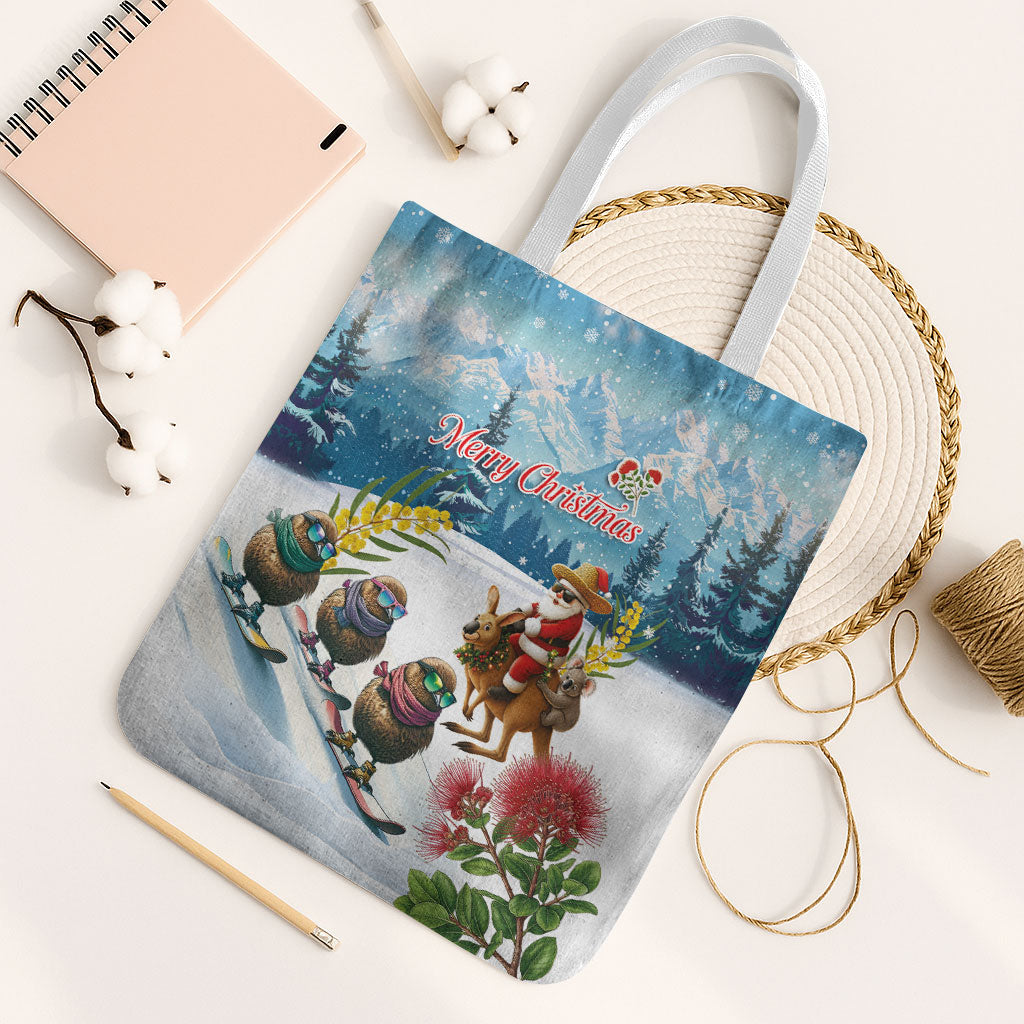 New Zealand and Australia Merry Christmas Tote Bag Kiwi Birds Skiing and Koala Santa Riding Kangaroo