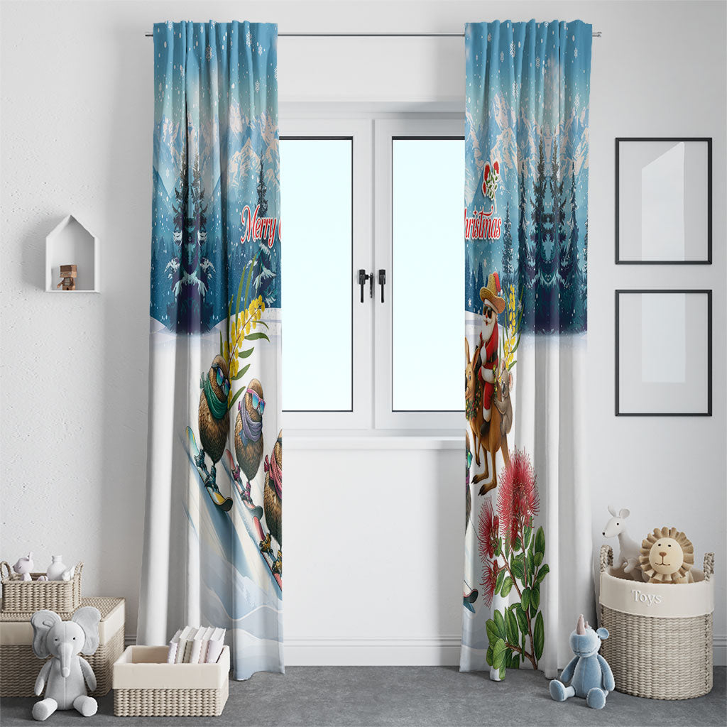 New Zealand and Australia Merry Christmas Window Curtain Kiwi Birds Skiing and Koala Santa Riding Kangaroo