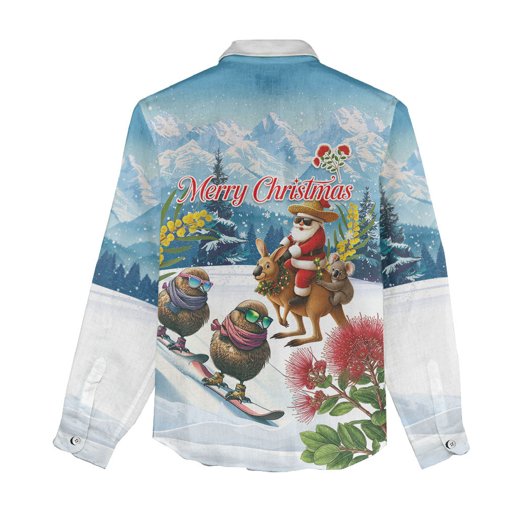 New Zealand and Australia Merry Christmas Women Casual Shirt Kiwi Birds Skiing and Koala Santa Riding Kangaroo