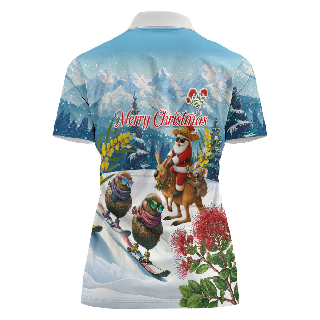 New Zealand and Australia Merry Christmas Women Polo Shirt Kiwi Birds Skiing and Koala Santa Riding Kangaroo