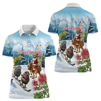 New Zealand and Australia Merry Christmas Women Polo Shirt Kiwi Birds Skiing and Koala Santa Riding Kangaroo