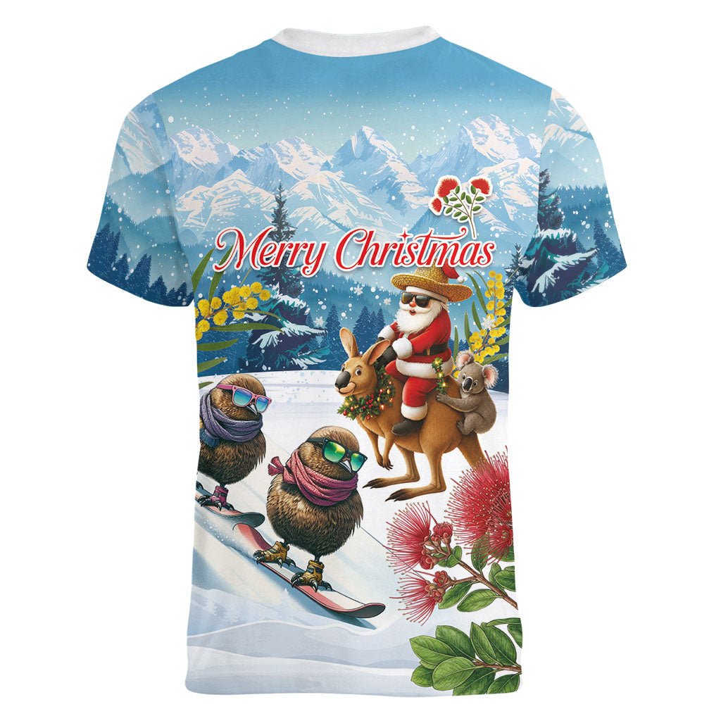 New Zealand and Australia Merry Christmas Women V-Neck T-Shirt Kiwi Birds Skiing and Koala Santa Riding Kangaroo