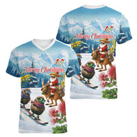 New Zealand and Australia Merry Christmas Women V-Neck T-Shirt Kiwi Birds Skiing and Koala Santa Riding Kangaroo