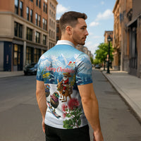 New Zealand and Australia Merry Christmas Zipper Polo Shirt Kiwi Birds Skiing and Koala Santa Riding Kangaroo