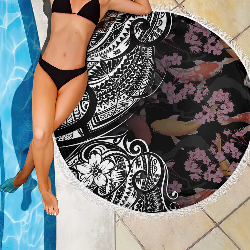 Hawaiian and Japanese Together Beach Blanket Polynesian Triball Tattoo Koi Carps and Sakura