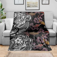 Hawaiian and Japanese Together Blanket Polynesian Triball Tattoo Koi Carps and Sakura