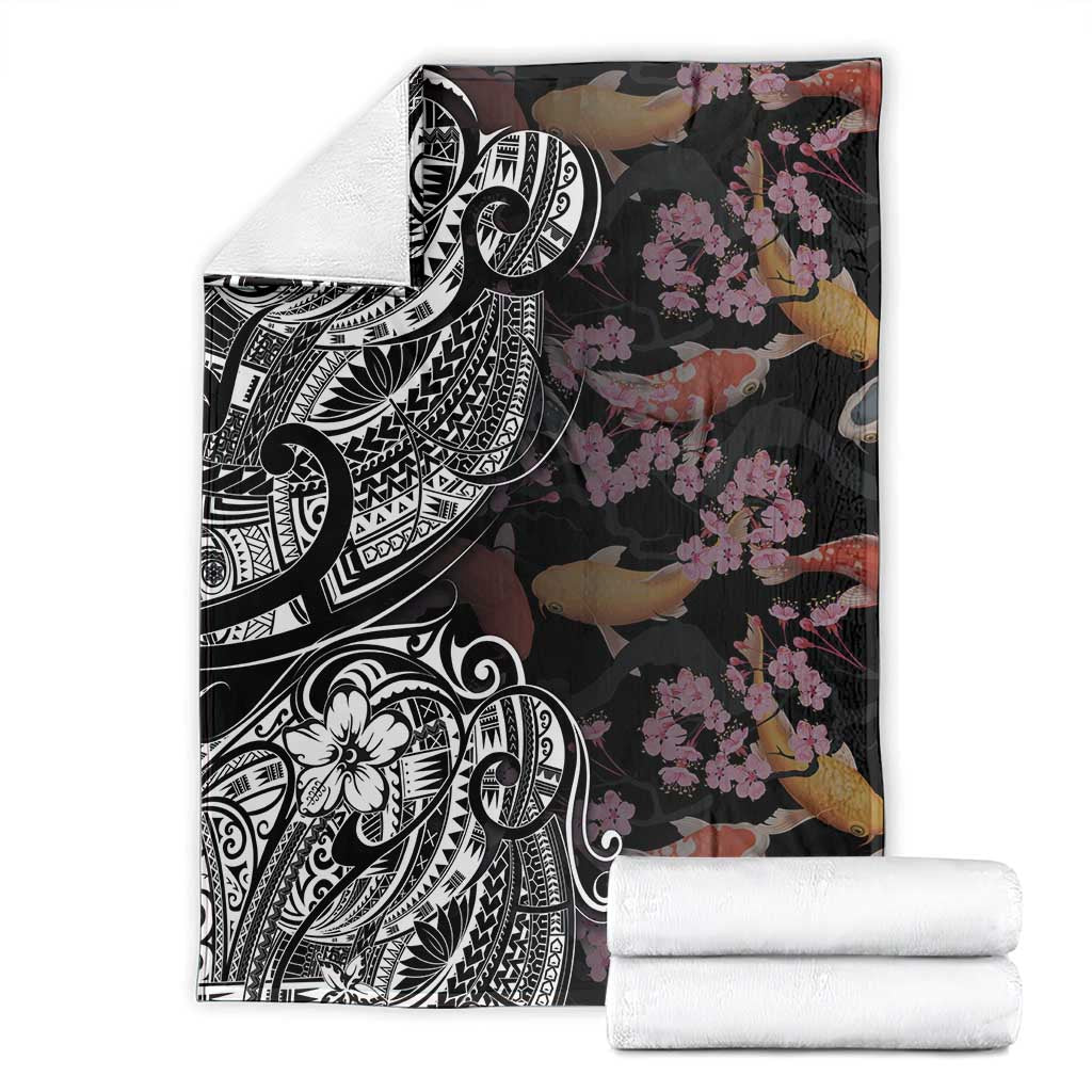 Hawaiian and Japanese Together Blanket Polynesian Triball Tattoo Koi Carps and Sakura