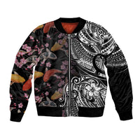Hawaiian and Japanese Together Bomber Jacket Polynesian Triball Tattoo Koi Carps and Sakura