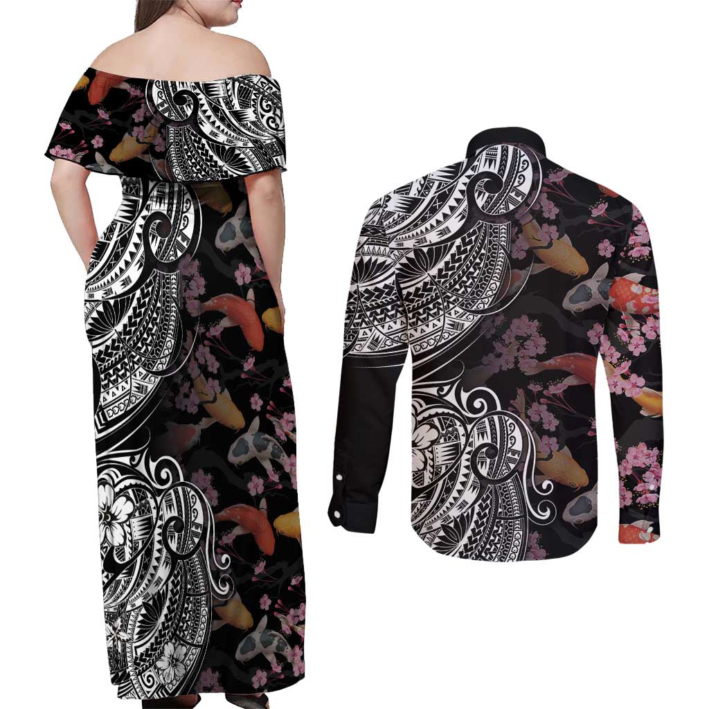 Hawaiian and Japanese Together Couples Matching Off Shoulder Maxi Dress and Long Sleeve Button Shirt Polynesian Triball Tattoo Koi Carps and Sakura