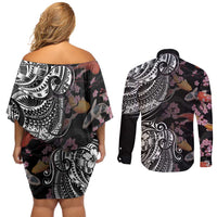 Hawaiian and Japanese Together Couples Matching Off Shoulder Short Dress and Long Sleeve Button Shirt Polynesian Triball Tattoo Koi Carps and Sakura