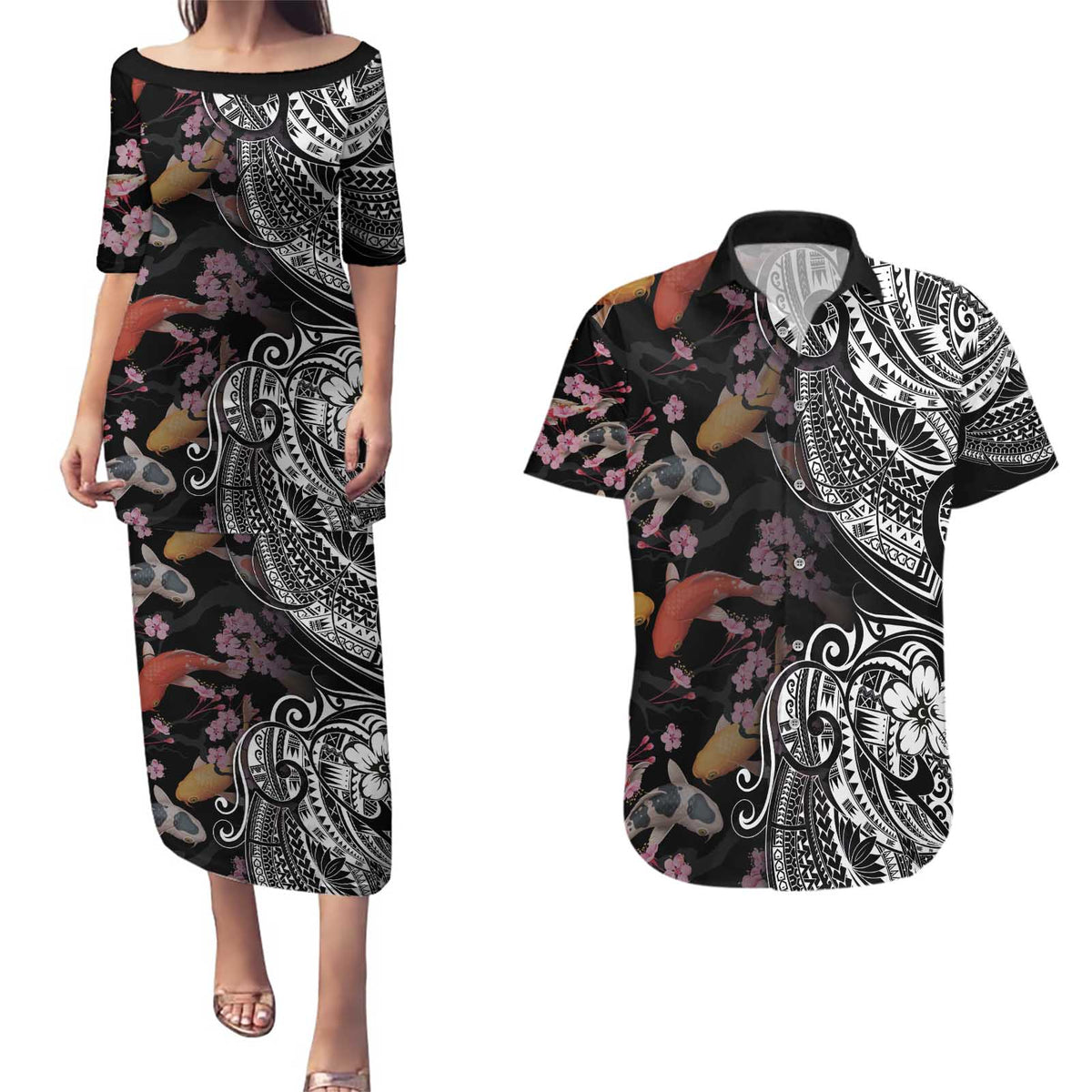 Hawaiian and Japanese Together Couples Matching Puletasi and Hawaiian Shirt Polynesian Triball Tattoo Koi Carps and Sakura