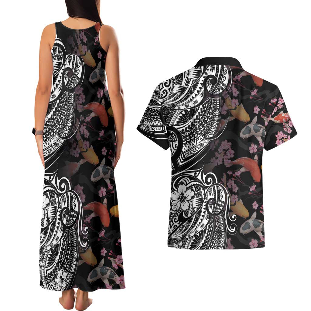 Hawaiian and Japanese Together Couples Matching Tank Maxi Dress and Hawaiian Shirt Polynesian Triball Tattoo Koi Carps and Sakura