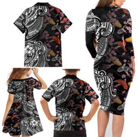 Hawaiian and Japanese Together Family Matching Long Sleeve Bodycon Dress and Hawaiian Shirt Polynesian Triball Tattoo Koi Carps and Sakura