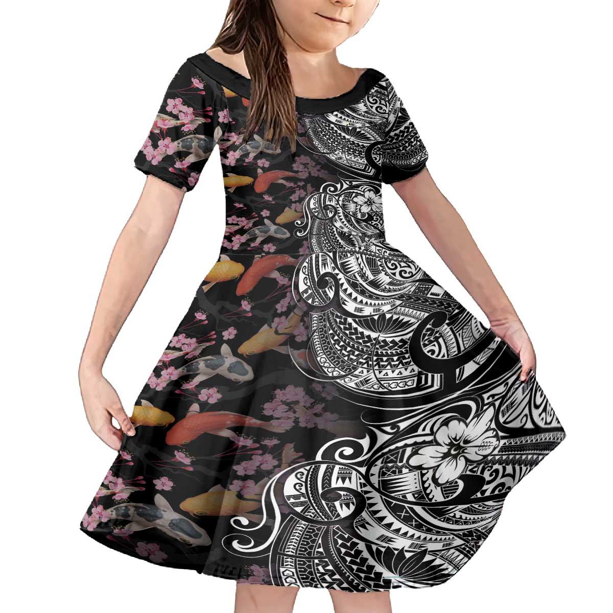 Hawaiian and Japanese Together Family Matching Puletasi and Hawaiian Shirt Polynesian Triball Tattoo Koi Carps and Sakura